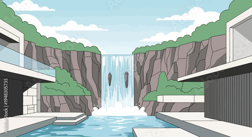 Modern architecture meets a dramatic waterfall with cliff faces & pools