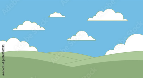 A cartoon landscape with rolling green hills under a bright blue sky with white clouds