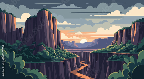 Vast canyon at sunset with winding river and dramatic cliffs