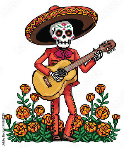 Skeleton Mariachi Musician with Guitar and Marigolds Pixel Art Style