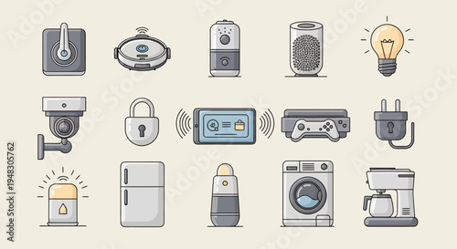 Collection of modern home technology devices, smart home appliances, and gadgets