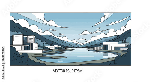 Modern architecture lines a tranquil lake amidst rolling hills and cloudy skies