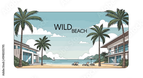 Tropical beachfront with modern homes, palm trees, and chaise lounges