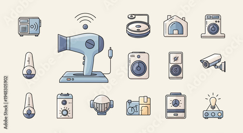 Flat design icons of various smart home devices and appliances