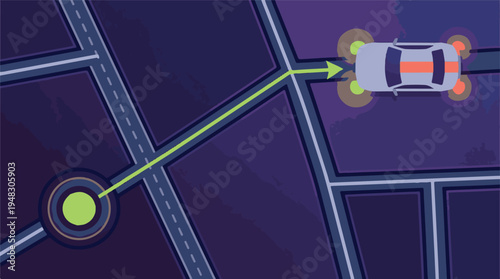 Overhead view of a car navigating a route on a dark digital map