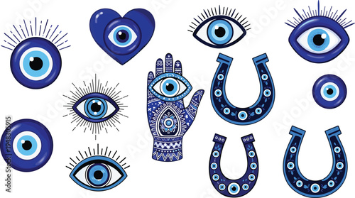 Evil eye, hamsa hand, and horseshoe protective symbols, cultural good luck vector illustration for spiritual design, flat vector illustration