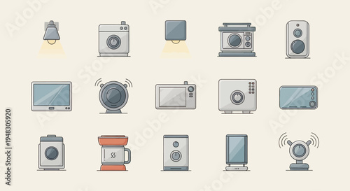 Assortment of various household appliances and electronics, depicted in a flat design style