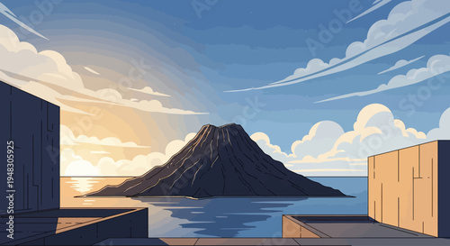 Stark building frames a volcanic island in the sea at sunset