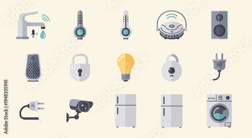 Collection of smart home devices including a faucet, thermometers, speaker, and appliances