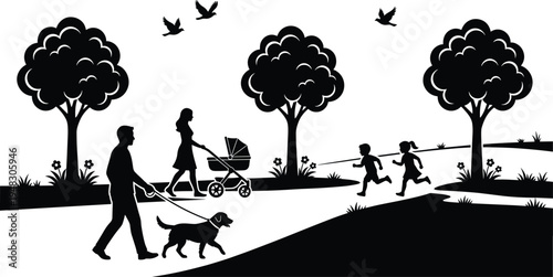 Family park activity silhouettes scene, parents walking dog mother stroller kids running nature landscape outdoor lifestyle vector illustration