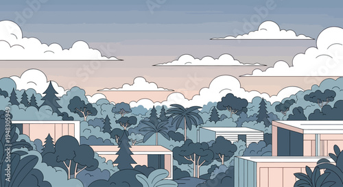 Minimalist landscape with abstract houses nestled among stylized trees