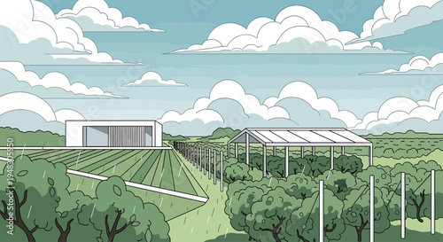 A minimalist, stylized rural landscape featuring a modern home and greenhouse during a gentle rain