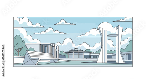 Modernist architectural ensemble with geometric bench and sculptures under sky