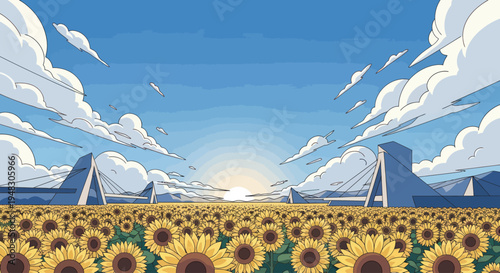 Vast sunflower field with stylized clouds, modern structures, and a bright sunrise