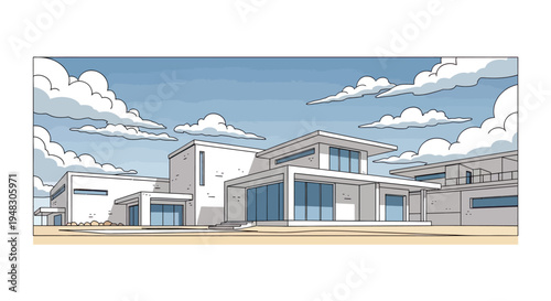 White modern homes with glass windows under a cloudy blue sky