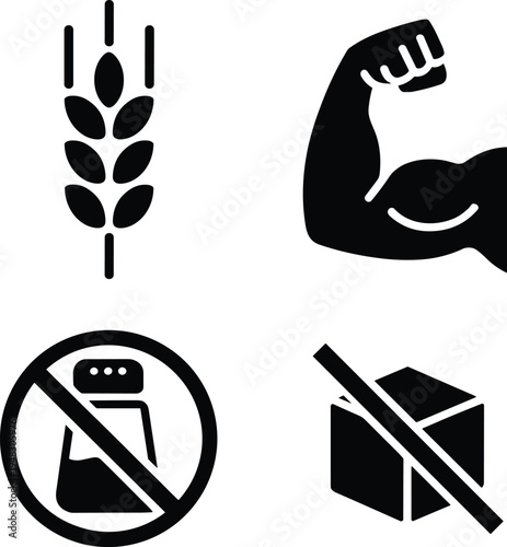 Healthy lifestyle icons, wheat stalk, strong muscle arm, no salt shaker