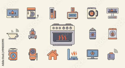 Collection of flat design icons depicting various appliances with flames, heating elements, or wireless signals