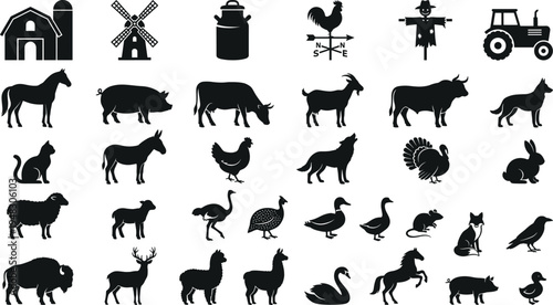 Farm animals and agriculture silhouettes set, barn tractor livestock birds rural farming elements vector illustration collection