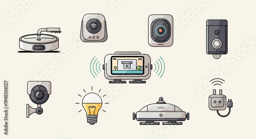 Collection of smart home devices cameras, lights, speaker, doorbell, and plug