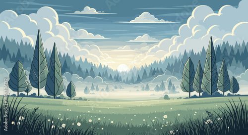 Serene mountain landscape with misty valley and dawn sun peeking through clouds