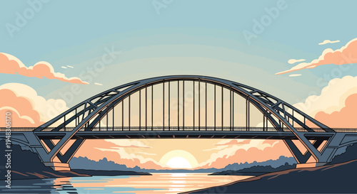 Arch bridge spans a river at sunset with clouds reflecting on the water