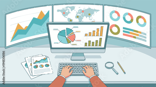 Business Analyst Working with Data on Multi-Monitor Dashboard