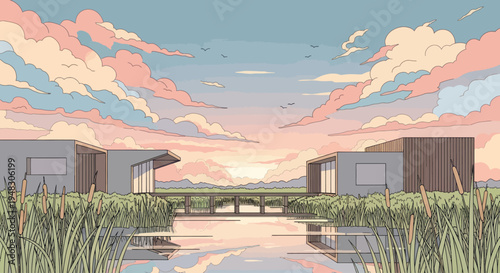 Modern homes flank a tranquil water body with a bridge, reflecting a colorful sunset sky