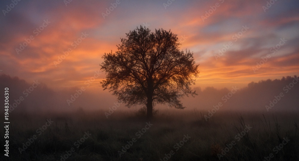 Fototapeta premium misty meadow with solitary tree silhouetted against vibrant sunrise sky.