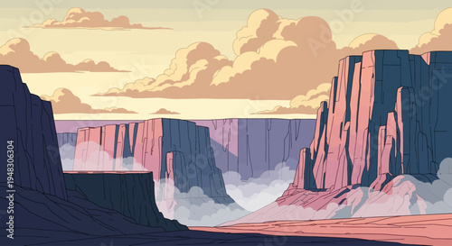 Vast canyons bathed in sunset glow, with soft clouds drifting through the mist