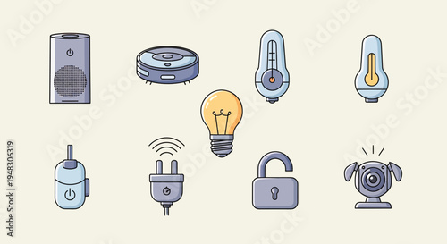 Collection of smart home devices speaker, cleaner, thermometer, light, plug, lock, camera