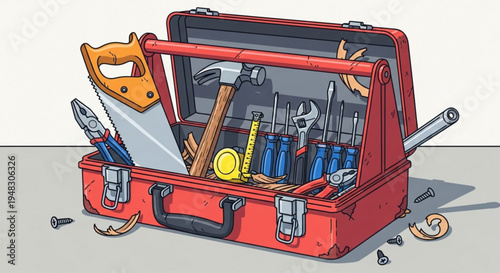 Red toolbox with assorted tools and hardware scattered around on a gray surface