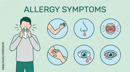 Allergy Symptoms Infographic: Sneezing, Skin Rash, Runny Nose, and Red Eyes