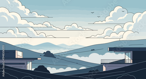 Modern homes on rolling hills under a cloudy sky with birds