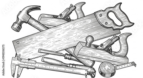 Assorted hand tools including a handsaw hammer and chisel for diy projects and woodworking tasks on a clean background