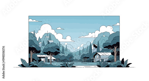 Modern houses nestled in a lush forest with a serene sky