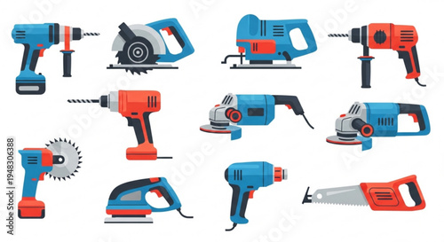 Collection of various power tools on a white background for diy and construction projects
