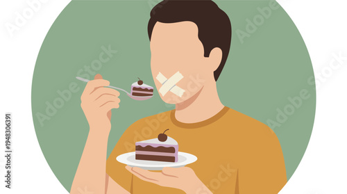 Diet and self-control concept: man with taped mouth not eating cake