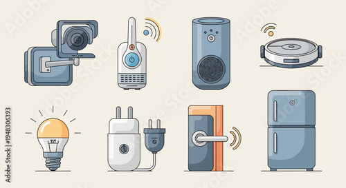 Smart home devices illustration camera, baby monitor, speaker, vacuum, bulb, plug, lock, fridge