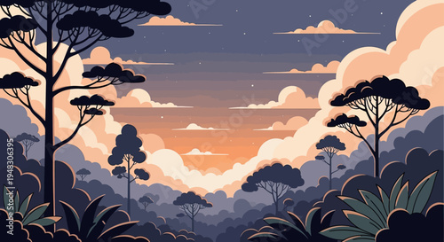 Lush forest silhouetted against a vibrant sunset sky with scattered stars