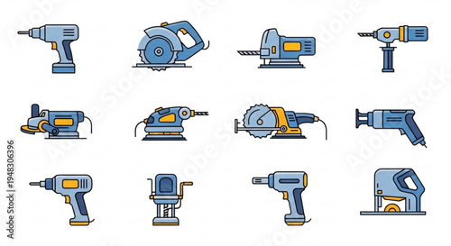 Collection of various blue and yellow power tools on a white background for construction and diy projects