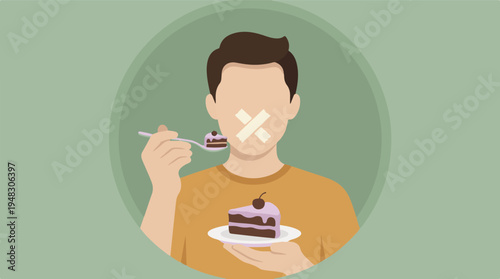 Minimalist illustration of man with taped mouth, unable to eat cake