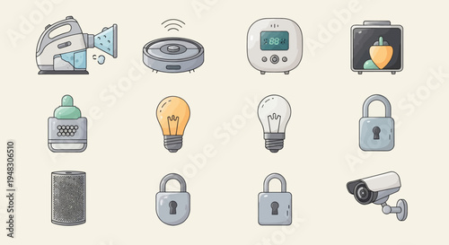 Collection of smart home devices, including a mister, robot vacuum, digital display, and security items