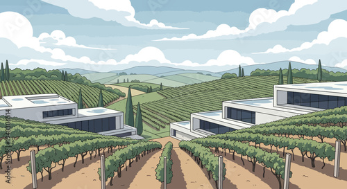 Modern homes amidst rolling vineyards under a cloudy sky