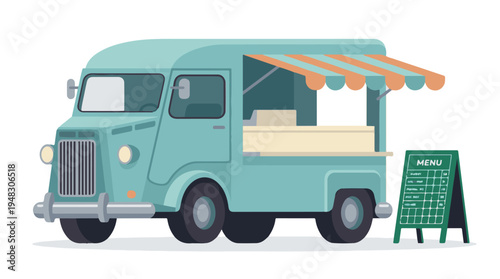 Flat design illustration of a vintage style food truck with menu board