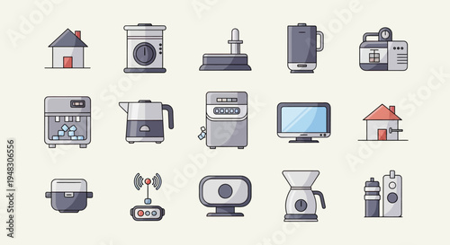 A grid of stylized icons depicting household appliances and technology