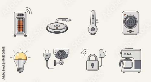 Set of eight smart home icons on a light background