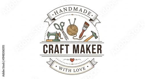 Handmade craft maker logo with tools and sewing machine symbolizing diy and handmade crafts with love and care