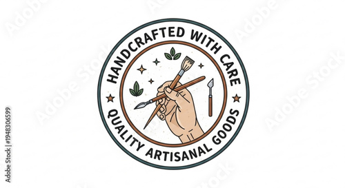Handcrafted artisanal goods logo with painter's tools and quality assurance text