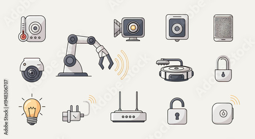 Collection of smart home technology icons thermometer, cameras, locks, robot arm