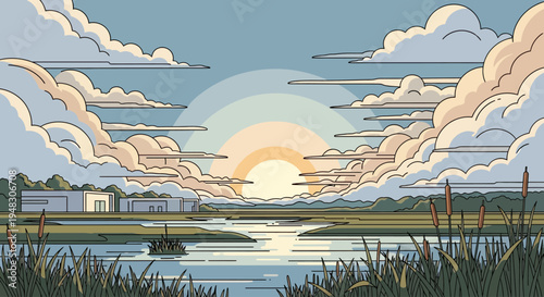 Stylized landscape with a body of water, buildings, and a sunset behind clouds